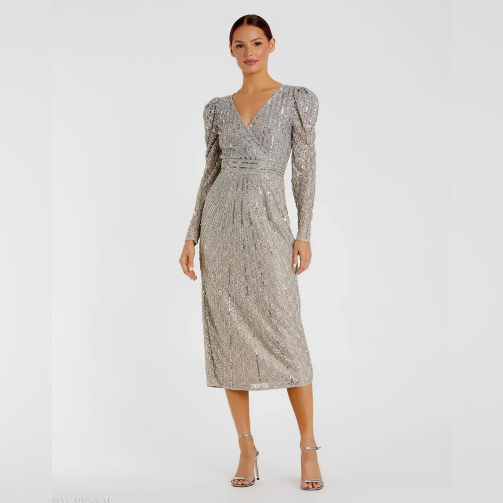 Mac Duggal Silver Sequin Midi Dress - Picture 2 of 2